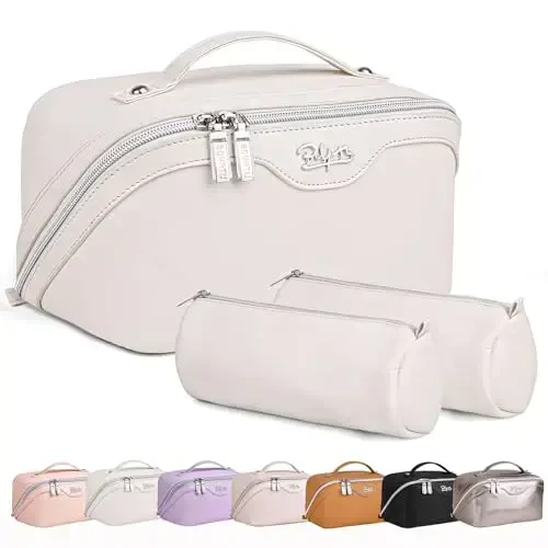 BOYATU Travel Makeup Bags for Women: Vegan Leather Cosmetic Bag Set of 3 - Large Capacity Make up Bag with Divider - Wide Open Waterproof Toiletry Organizer Bag with Handle (05-Off-White) - MODAZONE