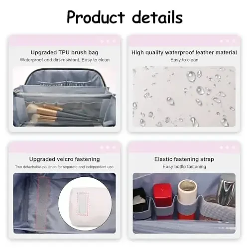 BOYATU Travel Makeup Bags for Women: Vegan Leather Cosmetic Bag Set of 3 - Large Capacity Make up Bag with Divider - Wide Open Waterproof Toiletry Organizer Bag with Handle (05-Off-White) - 4