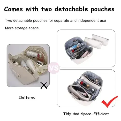 BOYATU Travel Makeup Bags for Women: Vegan Leather Cosmetic Bag Set of 3 - Large Capacity Make up Bag with Divider - Wide Open Waterproof Toiletry Organizer Bag with Handle (05-Off-White) - 5