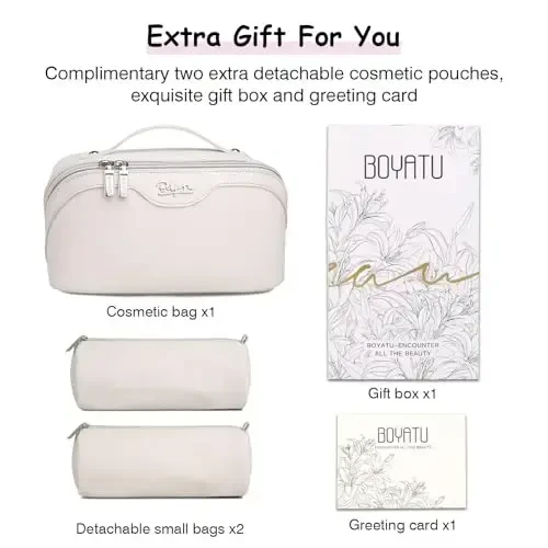 BOYATU Travel Makeup Bags for Women: Vegan Leather Cosmetic Bag Set of 3 - Large Capacity Make up Bag with Divider - Wide Open Waterproof Toiletry Organizer Bag with Handle (05-Off-White) - 6
