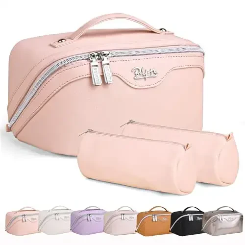 BOYATU Travel Makeup Bags for Women: Vegan Leather Cosmetic Bag Set of 3 - Large Capacity Make up Bag with Divider - Wide Open Waterproof Toiletry Organizer Bag with Handle (05-Pink) - MODAZONE