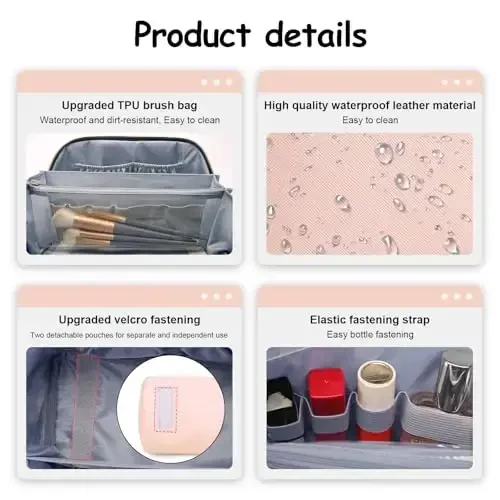 BOYATU Travel Makeup Bags for Women: Vegan Leather Cosmetic Bag Set of 3 - Large Capacity Make up Bag with Divider - Wide Open Waterproof Toiletry Organizer Bag with Handle (05-Pink) - 4