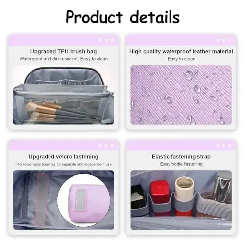 BOYATU Travel Makeup Bags for Women: Vegan Leather Cosmetic Bag Set of 3 - Large Capacity Make up Bag with Divider - Wide Open Waterproof Toiletry Organizer Bag with Handle (05-Purple) - 4