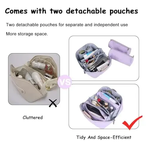 BOYATU Travel Makeup Bags for Women: Vegan Leather Cosmetic Bag Set of 3 - Large Capacity Make up Bag with Divider - Wide Open Waterproof Toiletry Organizer Bag with Handle (05-Purple) - 5