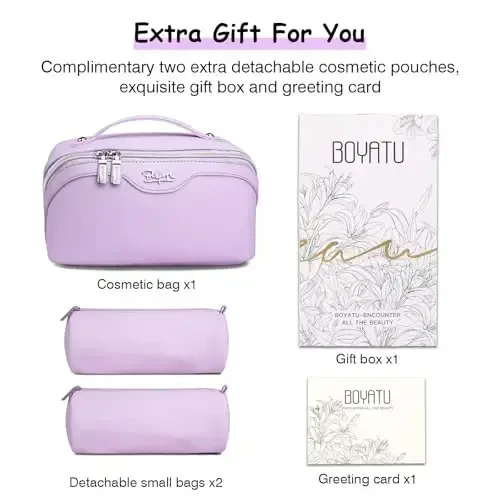 BOYATU Travel Makeup Bags for Women: Vegan Leather Cosmetic Bag Set of 3 - Large Capacity Make up Bag with Divider - Wide Open Waterproof Toiletry Organizer Bag with Handle (05-Purple) - 6