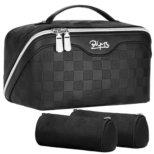BOYATU Travel Makeup Bags for Women: Vegan Leather Cosmetic Bag Set of 3 - Large Capacity Make up Bag with Divider - Wide Open Waterproof Toiletry Organizer Bag with Handle (L13-Black) 