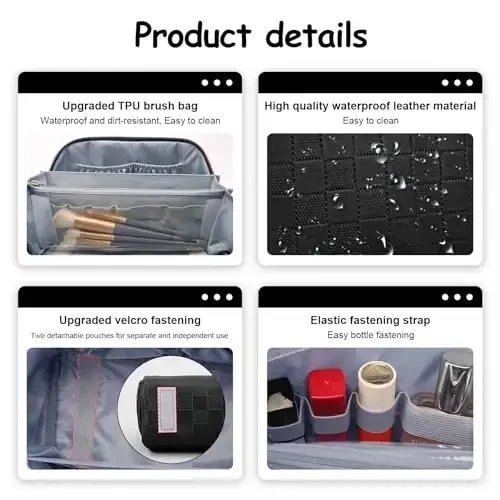 BOYATU Travel Makeup Bags for Women: Vegan Leather Cosmetic Bag Set of 3 - Large Capacity Make up Bag with Divider - Wide Open Waterproof Toiletry Organizer Bag with Handle (L13-Black) - 4