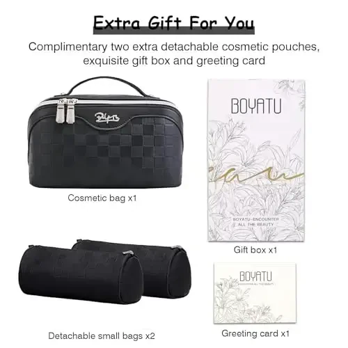 BOYATU Travel Makeup Bags for Women: Vegan Leather Cosmetic Bag Set of 3 - Large Capacity Make up Bag with Divider - Wide Open Waterproof Toiletry Organizer Bag with Handle (L13-Black) - 5