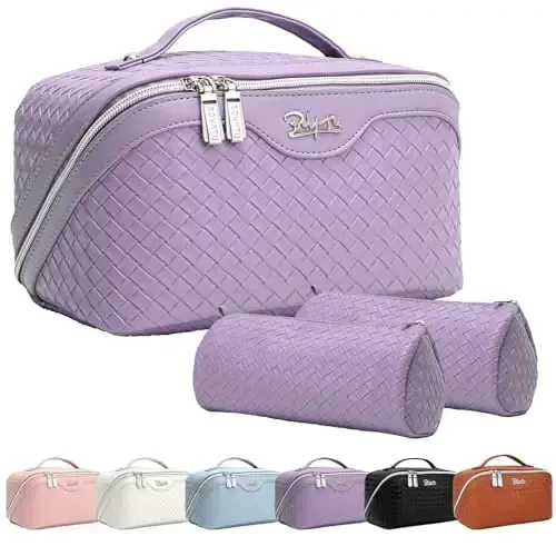 BOYATU Travel Makeup Bags for Women: Vegan Leather Cosmetic Bag Set of 3 - Large Capacity Make up Bag with Divider - Wide Open Waterproof Toiletry Organizer Bag with Handle (L13-Purple) - 1