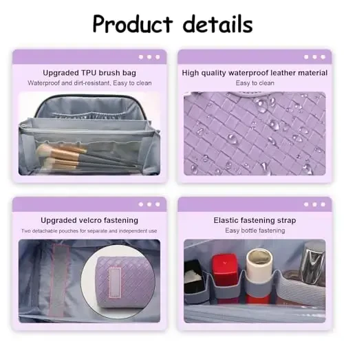 BOYATU Travel Makeup Bags for Women: Vegan Leather Cosmetic Bag Set of 3 - Large Capacity Make up Bag with Divider - Wide Open Waterproof Toiletry Organizer Bag with Handle (L13-Purple) - 3