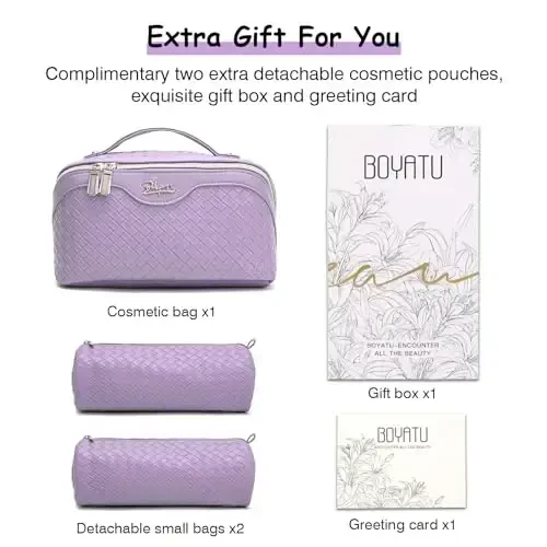 BOYATU Travel Makeup Bags for Women: Vegan Leather Cosmetic Bag Set of 3 - Large Capacity Make up Bag with Divider - Wide Open Waterproof Toiletry Organizer Bag with Handle (L13-Purple) - 5