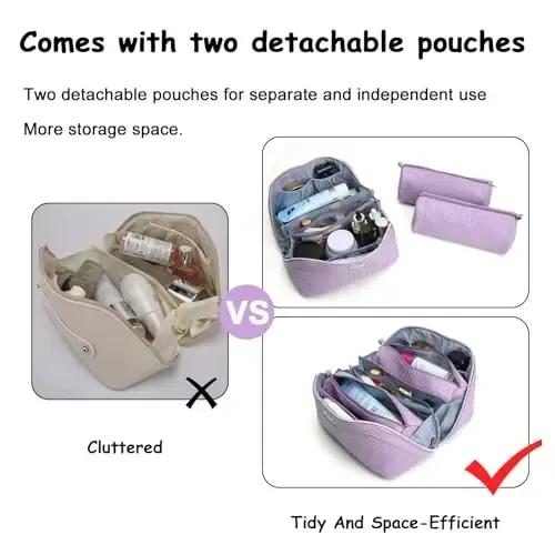 BOYATU Travel Makeup Bags for Women: Vegan Leather Cosmetic Bag Set of 3 - Large Capacity Make up Bag with Divider - Wide Open Waterproof Toiletry Organizer Bag with Handle (L13-Purple) - 6