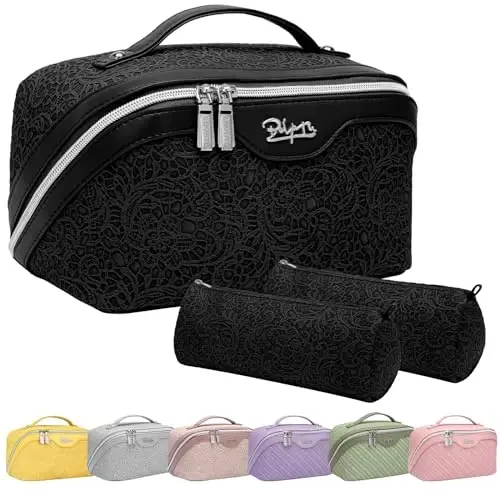 BOYATU Travel Makeup Bags Kosmetik Organayzer Sumkasi: 3 to'plam Katta sig'imli Makiyaj sumkasi - PU Teri Tualet sumkalari ayollar uchun - Ajratgich va tutqichli keng ochiq portativ qop (01-Och ko'k) - 1