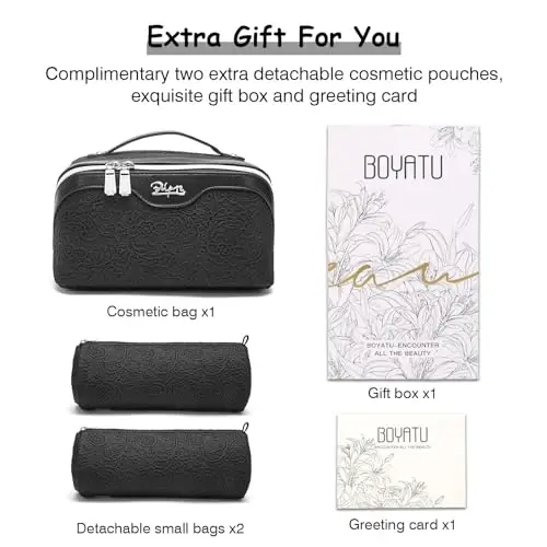 BOYATU Travel Makeup Bags Kosmetik Organayzer Sumkasi: 3 to'plam Katta sig'imli Makiyaj sumkasi - PU Teri Tualet sumkalari ayollar uchun - Ajratgich va tutqichli keng ochiq portativ qop (01-Och ko'k) - 5