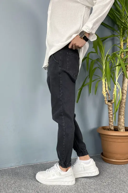 Boyfriend Jogger Kot Pantolon Paçası Lastikli-Antrasit - 2