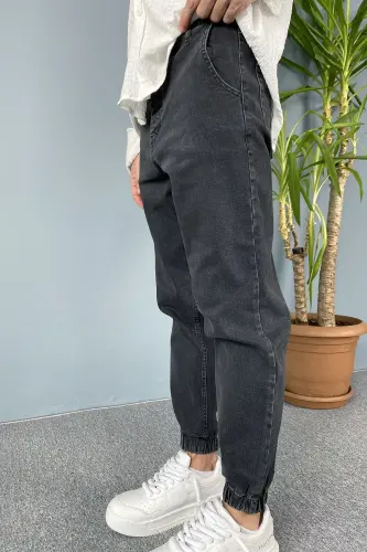 Boyfriend Jogger Kot Pantolon Paçası Lastikli-Antrasit - 5
