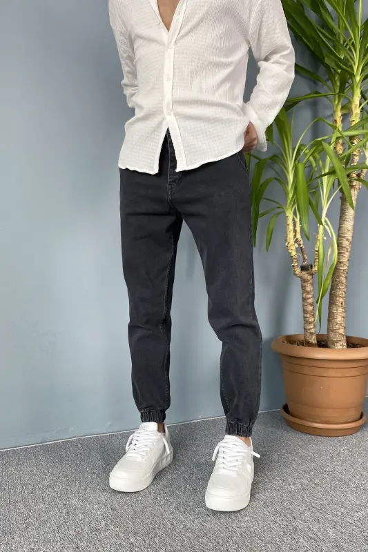 Boyfriend Jogger Kot Pantolon Paçası Lastikli-Antrasit - 7