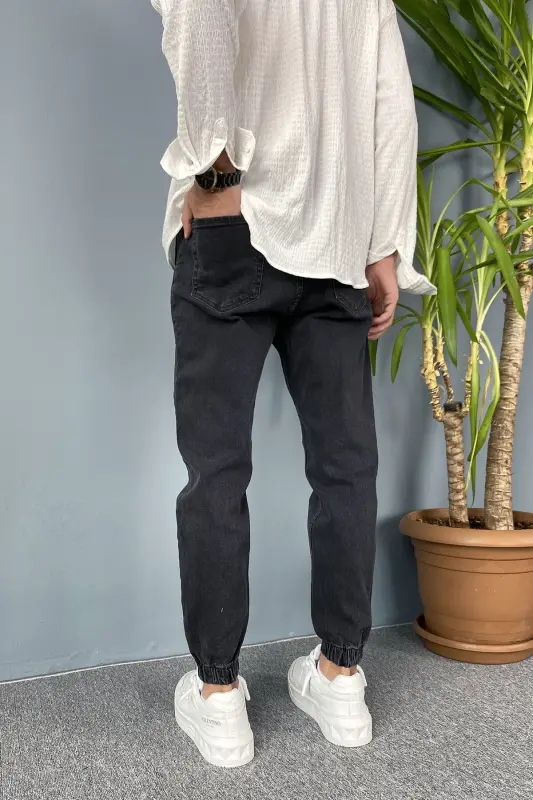 Boyfriend Jogger Kot Pantolon Paçası Lastikli-Antrasit - 3