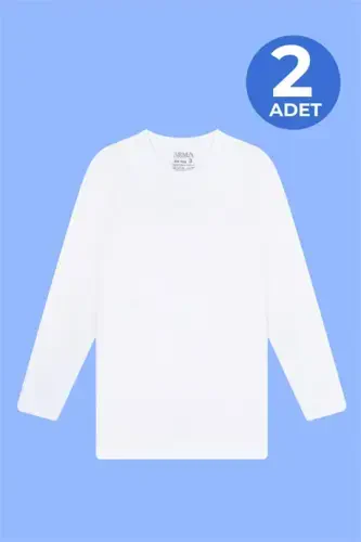 Boys' 2-pack white long-sleeve crew neck undershirts, 100% cotton. - 1