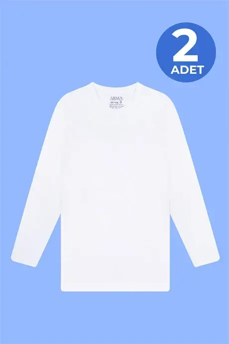 Boys' 2-pack white long-sleeve crew neck undershirts, 100% cotton. - 1