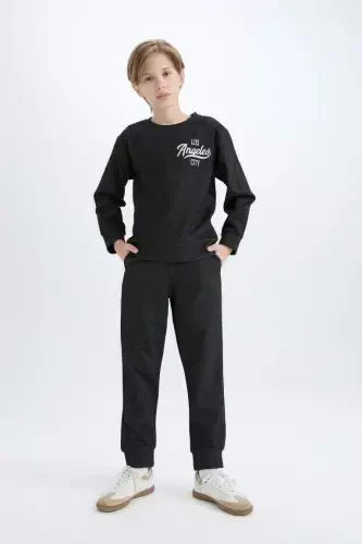Boy's 2-Piece Set Printed Sweatshirt Elastic Waist Tracksuit Bottom-Black - DEFACTO (1)