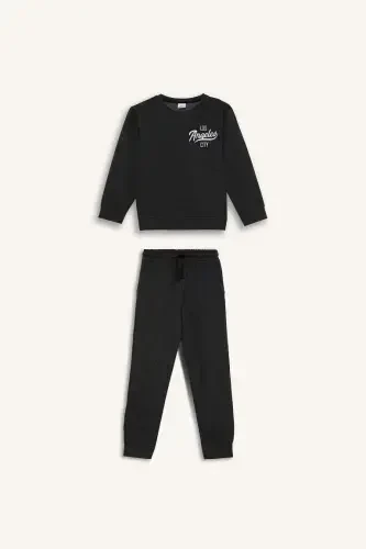 Boy's 2-Piece Set Printed Sweatshirt Elastic Waist Tracksuit Bottom-Black - 6