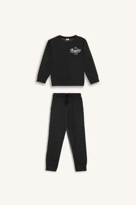 Boy's 2-Piece Set Printed Sweatshirt Elastic Waist Tracksuit Bottom-Black - 6