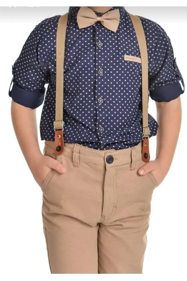 Boys 4-Piece Suit Set with Long Sleeve Shirt, Pants, Bowtie and Suspenders - 4