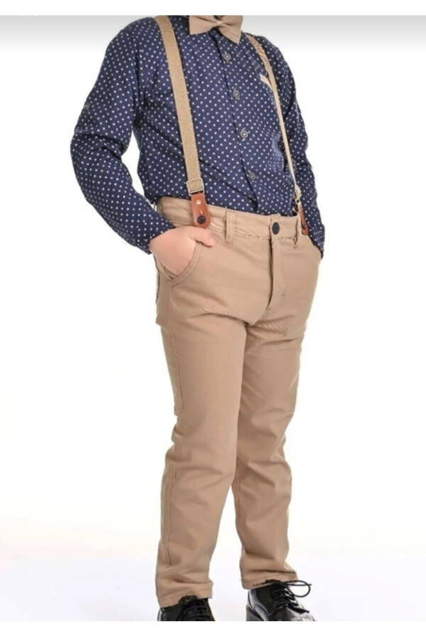 Boys 4-Piece Suit Set with Long Sleeve Shirt, Pants, Bowtie and Suspenders - 1