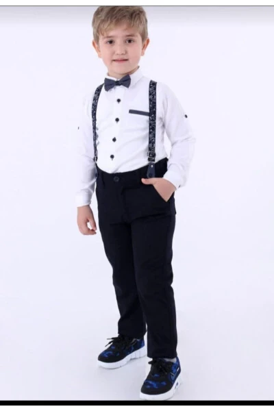 Boys' 4-Piece Suit with Long-Sleeved Shirt, Pants, Bow Tie and Suspenders - RENKLI DIYAR