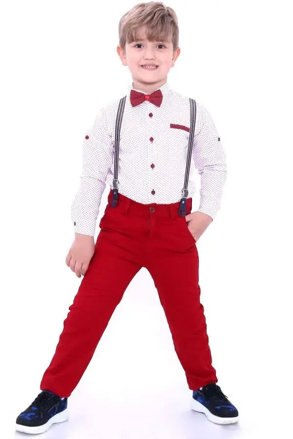 Boys' 4-Piece Suit with Red Star Pattern Shirt, Bowtie Pants and Suspenders - 1