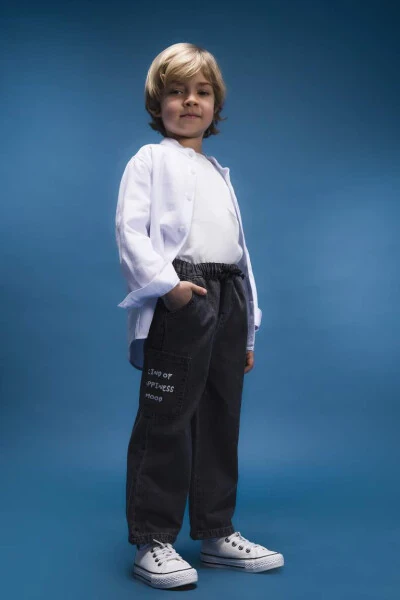 Boys' Baby Elastic Waistband Pocket Printed Jean Trousers Anthracite - DEFACTO