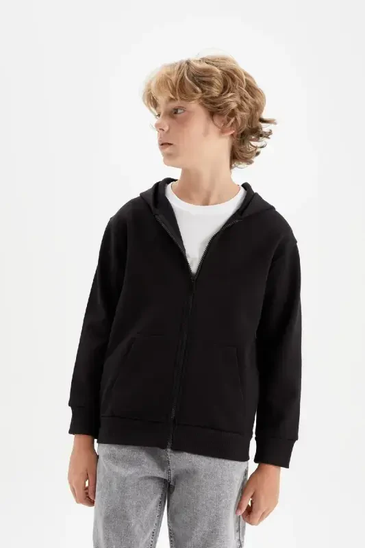 Boy's Basic Plain Black Hooded Zippered Pocket School Cardigan X7382a624au-Black - 1