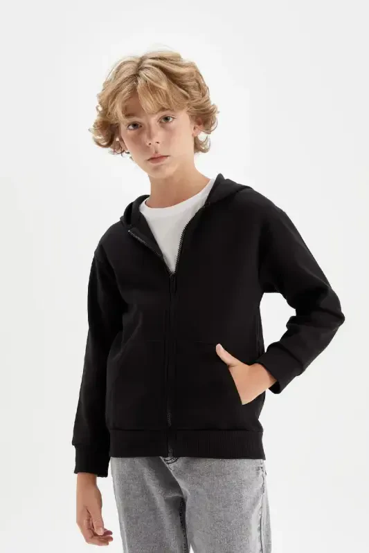 Boy's Basic Plain Black Hooded Zippered Pocket School Cardigan X7382a624au-Black - 2