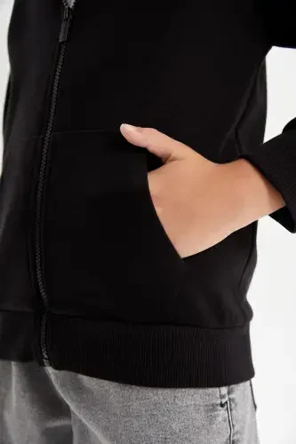 Boy's Basic Plain Black Hooded Zippered Pocket School Cardigan X7382a624au-Black - 3