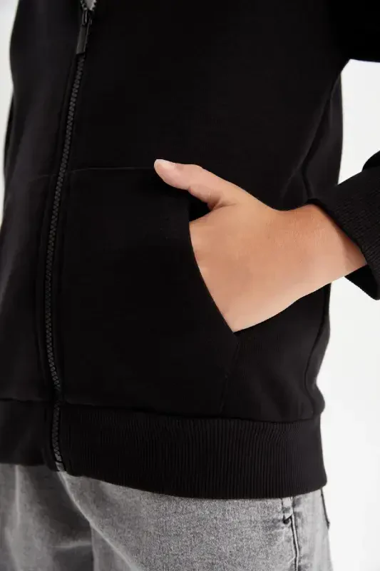 Boy's Basic Plain Black Hooded Zippered Pocket School Cardigan X7382a624au-Black - 3