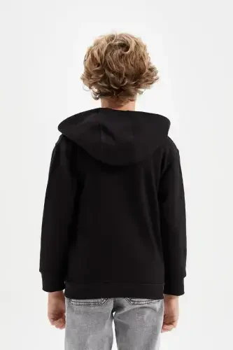 Boy's Basic Plain Black Hooded Zippered Pocket School Cardigan X7382a624au-Black - 4