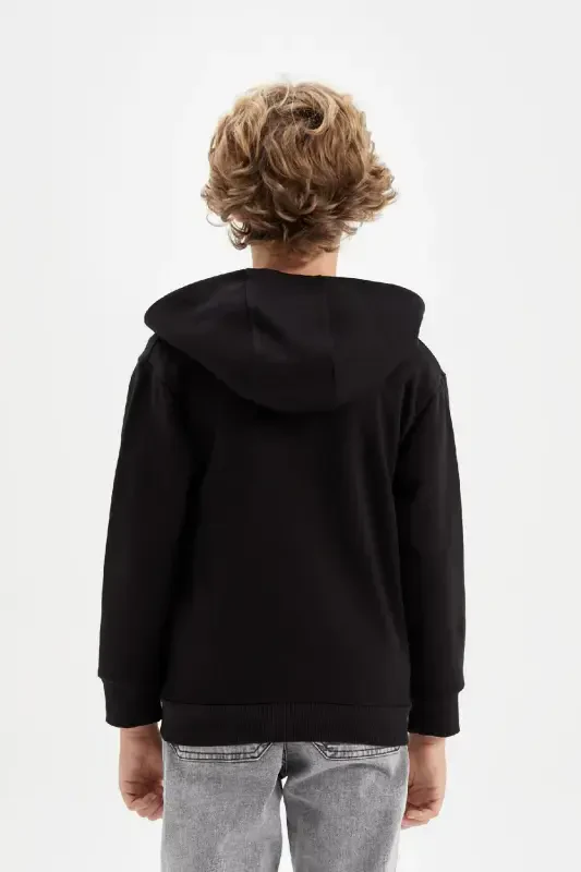 Boy's Basic Plain Black Hooded Zippered Pocket School Cardigan X7382a624au-Black - 4