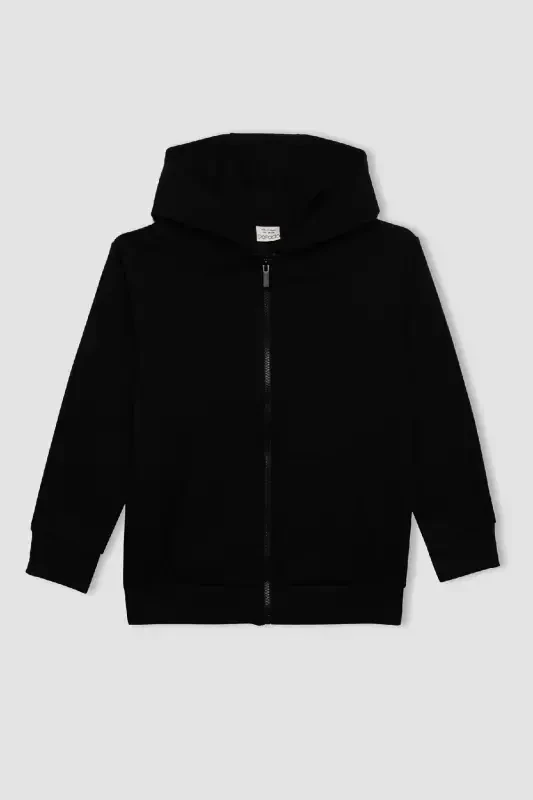 Boy's Basic Plain Black Hooded Zippered Pocket School Cardigan X7382a624au-Black - 5