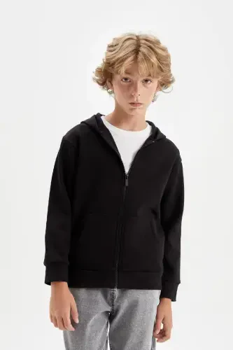 Boy's Basic Plain Black Hooded Zippered Pocket School Cardigan X7382a624au-Black - 7