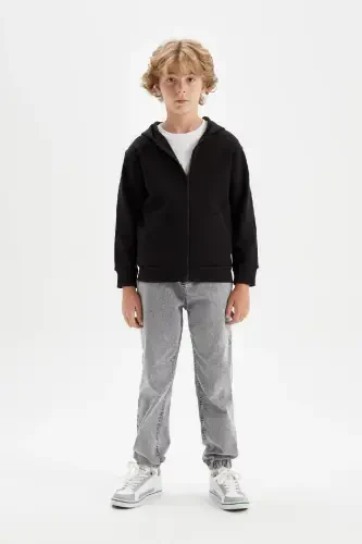 Boy's Basic Plain Black Hooded Zippered Pocket School Cardigan X7382a624au-Black - 8