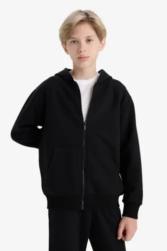 Boys Basic Plain Black Hooded Zippered Pocket School Cardigan X7382a624au - Black-BK81 