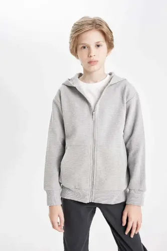 Boy's Basic Plain Gray Hooded Zippered Pocketed School Cardigan T7468a624au-Gray - 1