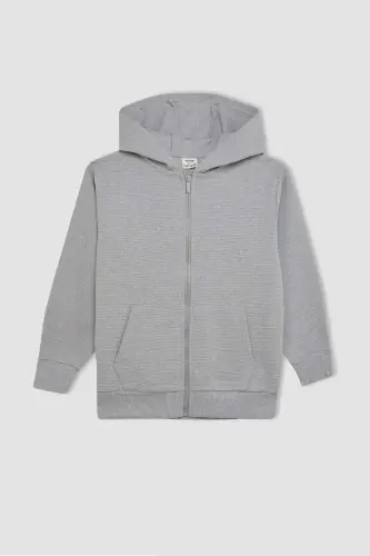Boy's Basic Plain Gray Hooded Zippered Pocketed School Cardigan T7468a624au-Gray - 7