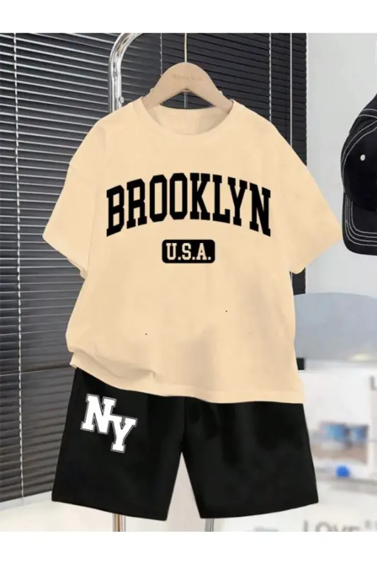 Boy's Beige-Black Brooklyn Print Jersey T-Shirt Shorts Set-Beige1 - 1