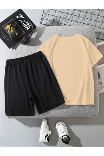 Boy's Beige-Black Brooklyn Print Jersey T-Shirt Shorts Set-Beige1 - MORNİNG KİDS (1)