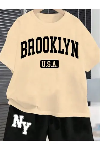 Boy's Beige-Black Brooklyn Print Jersey T-Shirt Shorts Set-Beige1 - 3