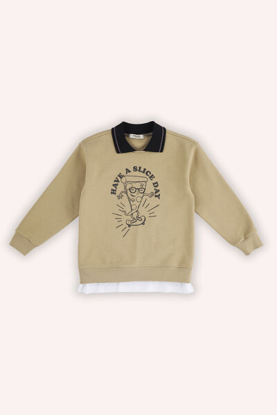 Boys' Beige Sweatshirt with Collar - PANÇO