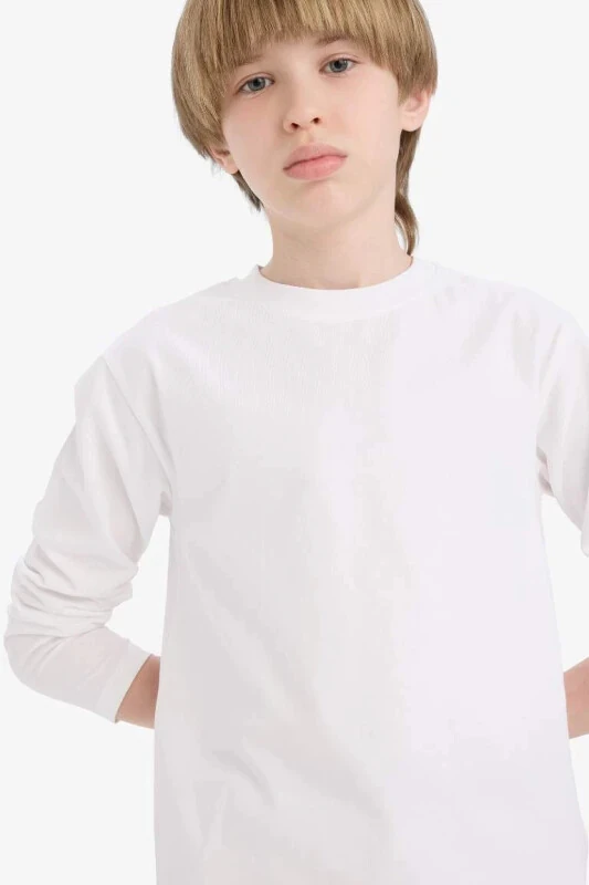 Boys' Bicycle Collar Long Sleeve Basic T-Shirt White - DEFACTO