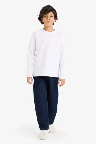 Boys' Bicycle Collar Long Sleeve Basic T-Shirt White - DEFACTO (1)